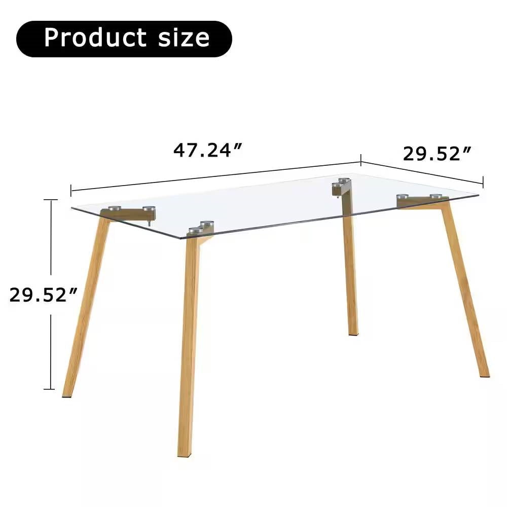 Modern 47-inch x 29-inch Glass Top Dining Table with Wood-Look Metal Legs