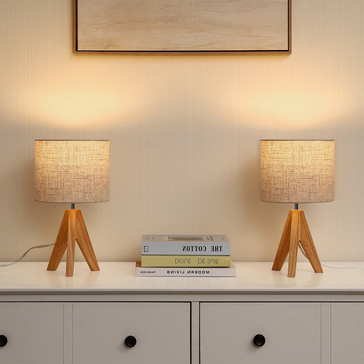 Scandinavian Solid Wood Tripod Table Lamp Set of 2 - Natural/Beige