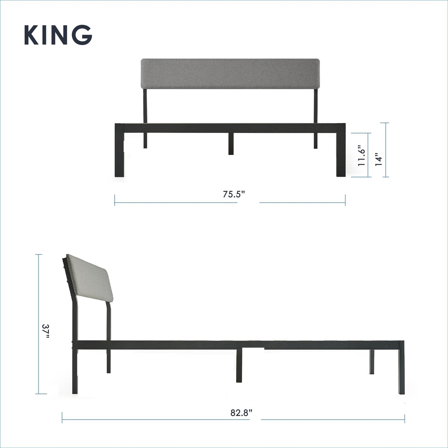 King Size Grey Soft Fabric Metal Headboard Modern Platform Bed Wooden Slats