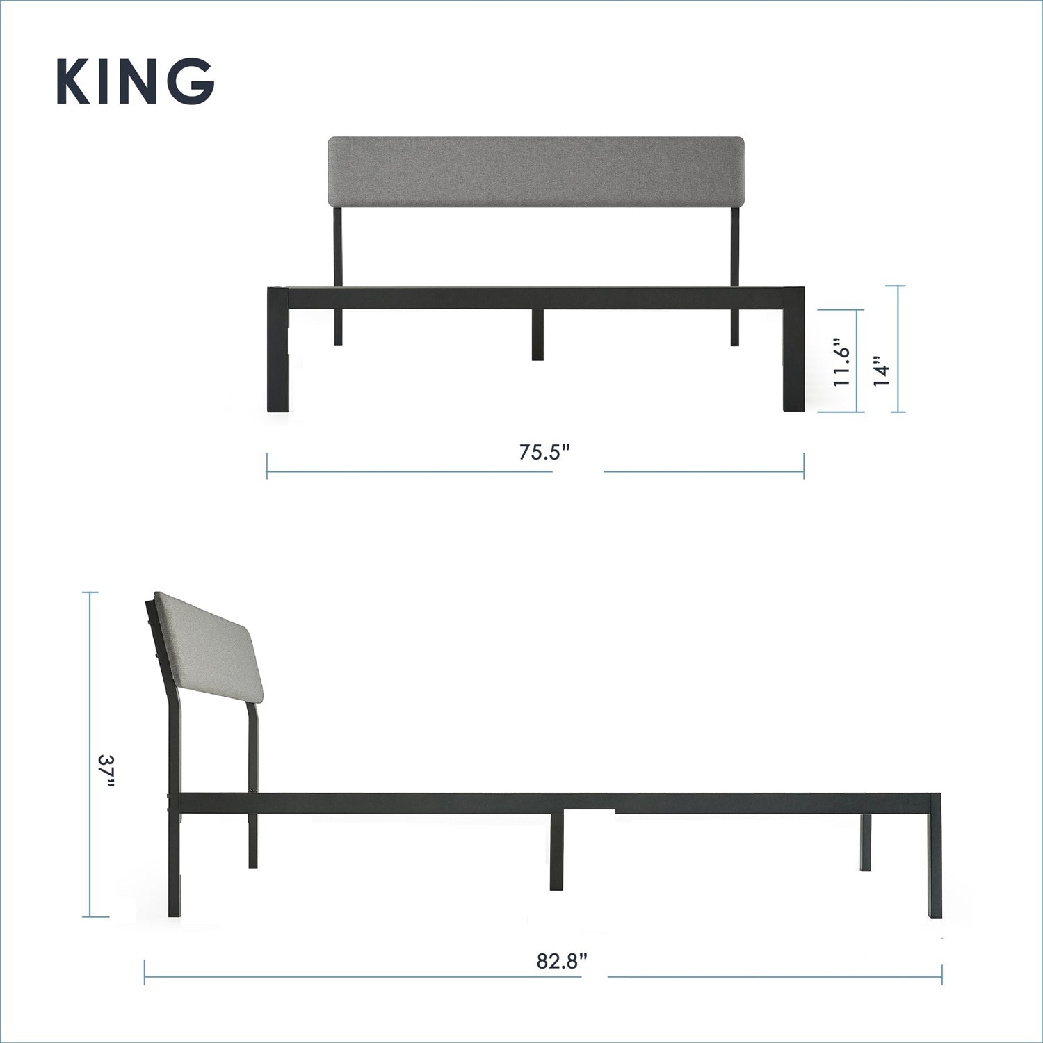 King Size Grey Soft Fabric Metal Headboard Modern Platform Bed Wooden Slats