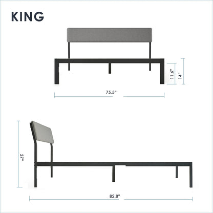 King Size Grey Soft Fabric Metal Headboard Modern Platform Bed Wooden Slats