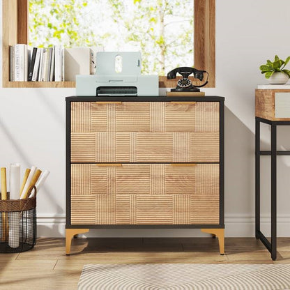 Retro Natural/Black with Gold Handles/Legs 2 Drawer Filing Cabinet Printer Stand