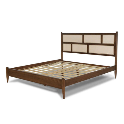 King Size Cane Paneling Hardwood Platform Bed in Walnut