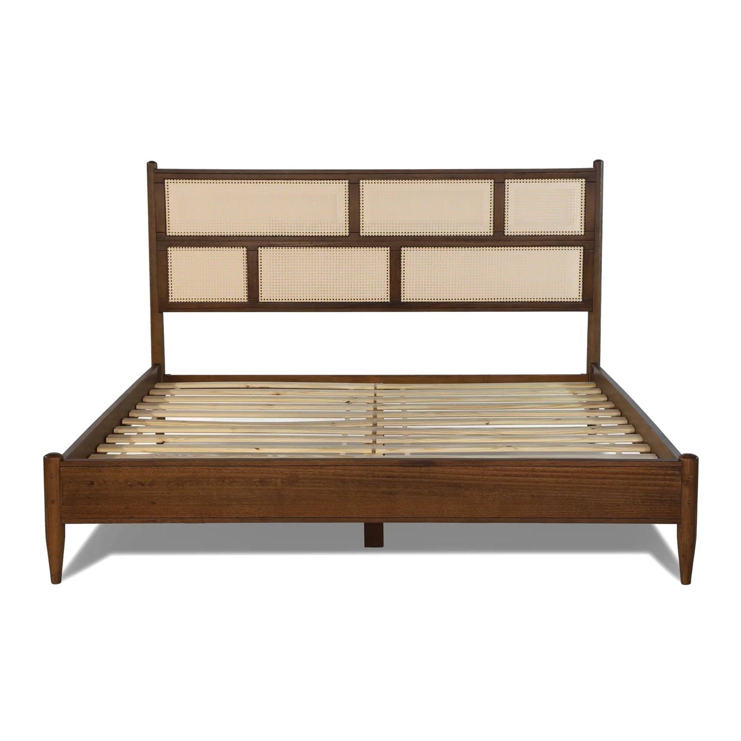 King Size Cane Paneling Hardwood Platform Bed in Walnut