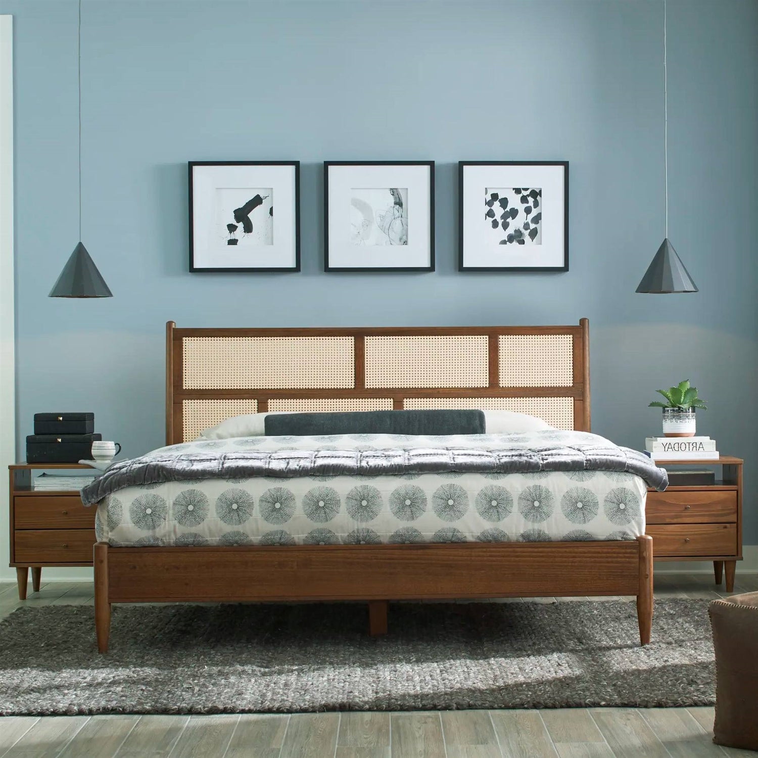 King Size Cane Paneling Hardwood Platform Bed in Walnut