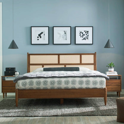 King Size Cane Paneling Hardwood Platform Bed in Walnut
