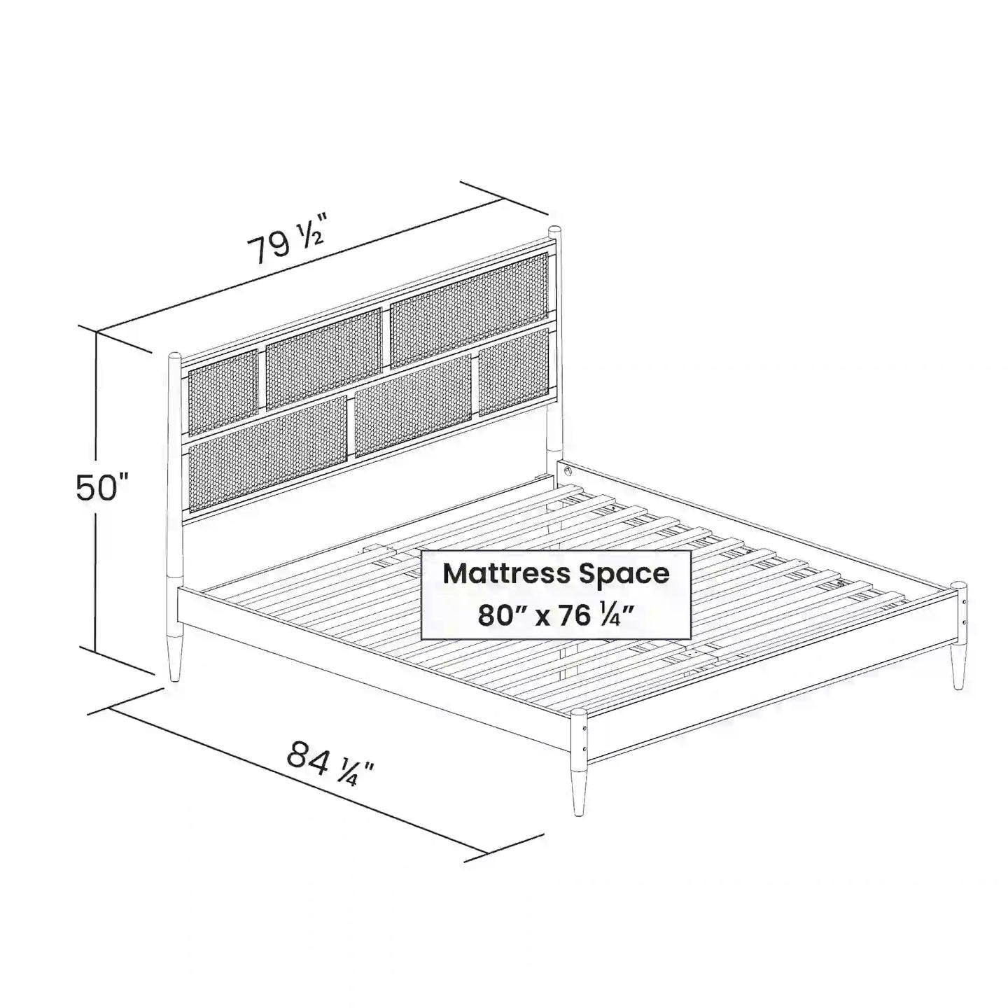 King Size Cane Paneling Hardwood Platform Bed in Walnut