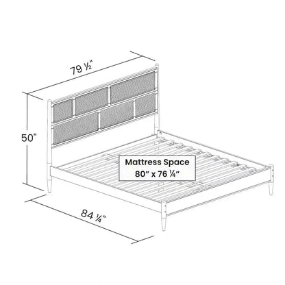 King Size Cane Paneling Hardwood Platform Bed in Walnut