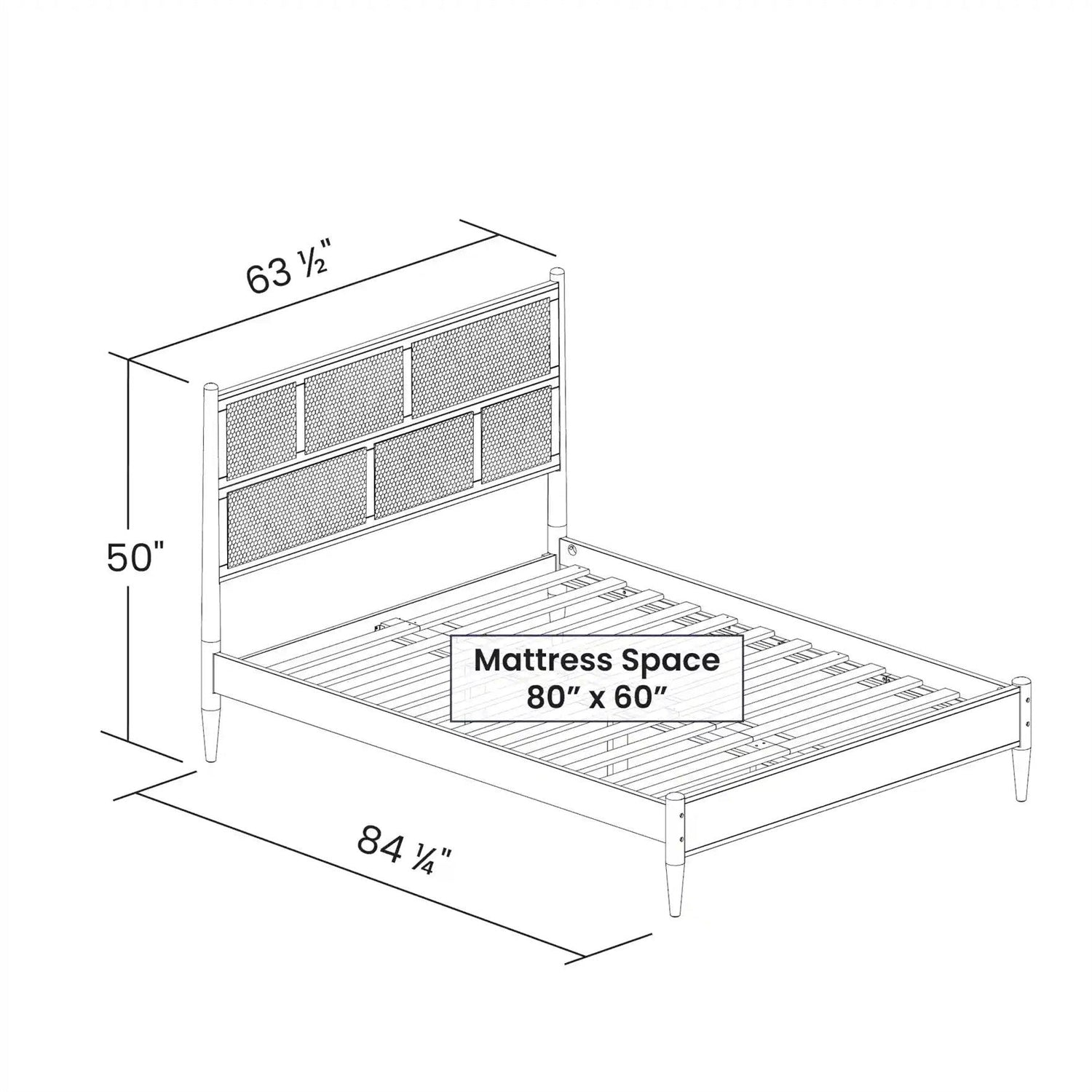 Queen Size Cane Paneling Hardwood Platform Bed in Walnut