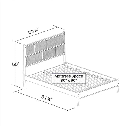Queen Size Cane Paneling Hardwood Platform Bed in Walnut