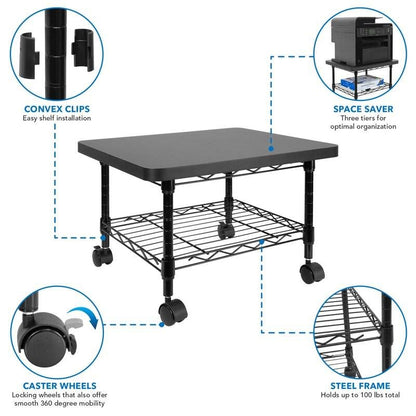 Multipurpose Black/Metal 2-Tiered Mobile Under Desk Printer Stand