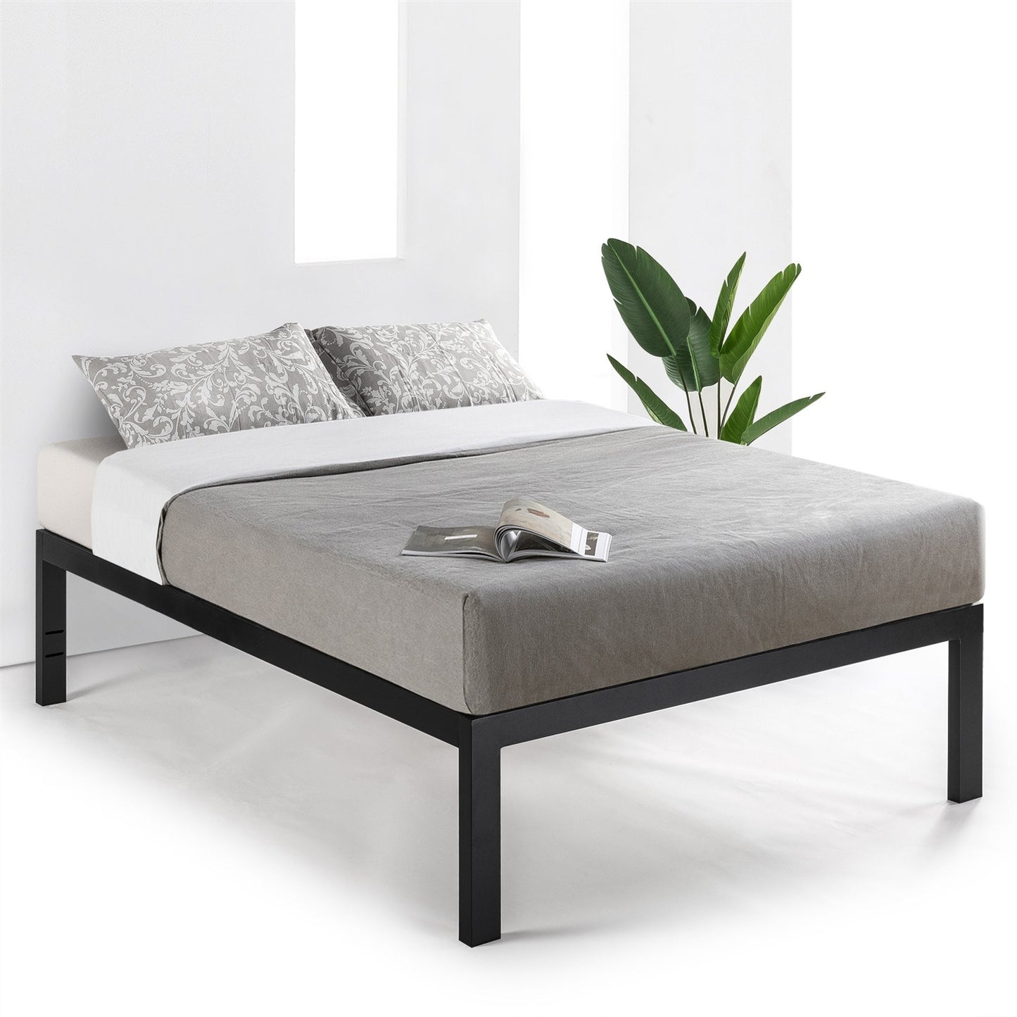 Queen size 18 Inch Easy Assemble Metal Platform Bed Frame Wooden Slats