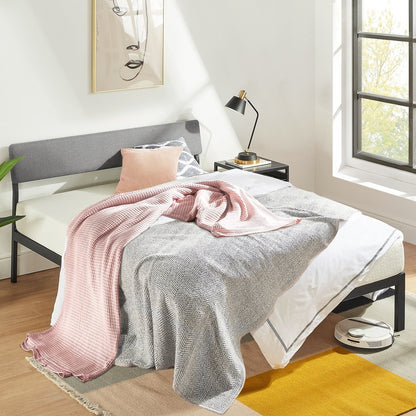Queen Size Grey Soft Fabric Metal Headboard Modern Platform Bed Wooden Slats