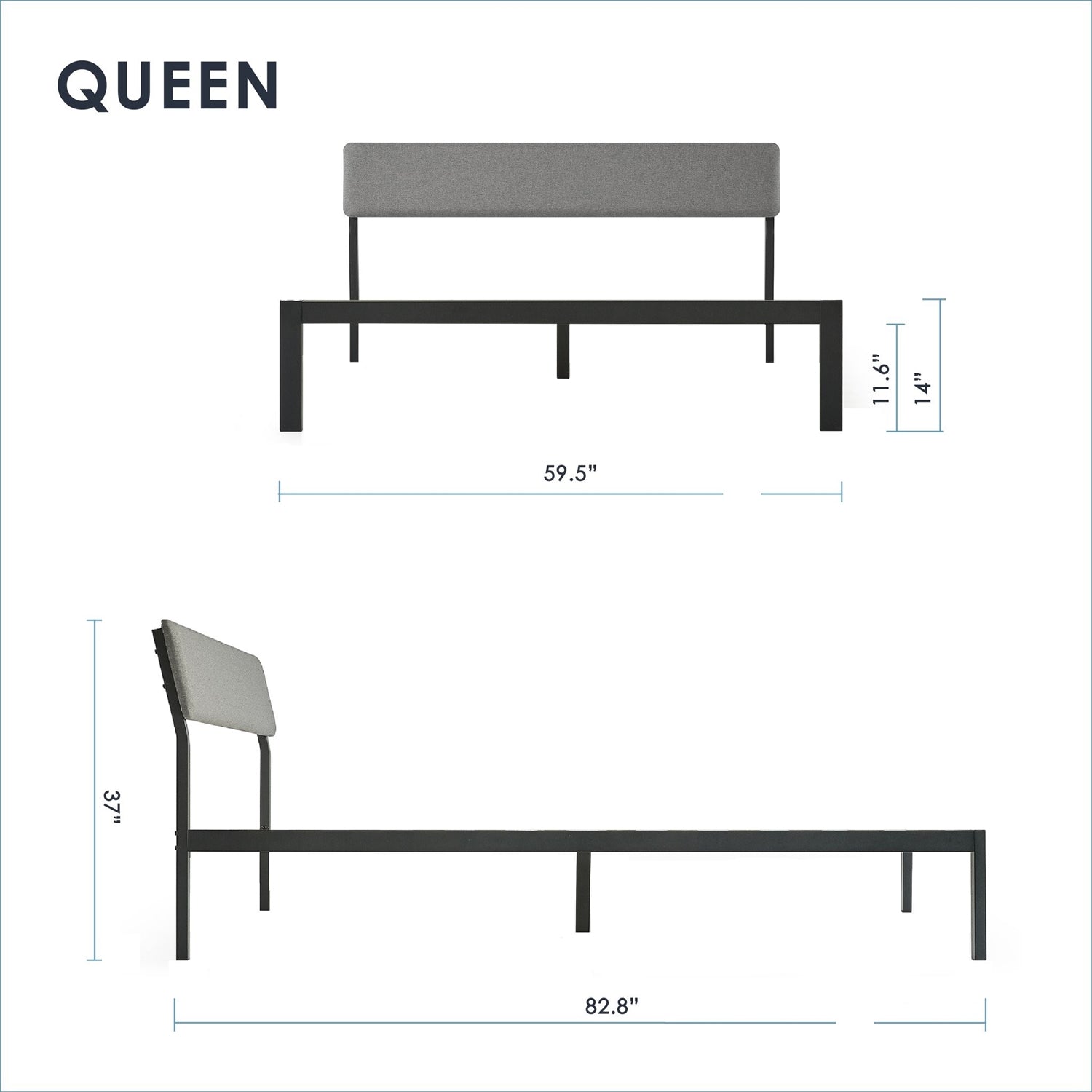 Queen Size Grey Soft Fabric Metal Headboard Modern Platform Bed Wooden Slats