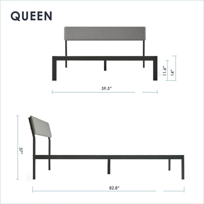 Queen Size Grey Soft Fabric Metal Headboard Modern Platform Bed Wooden Slats