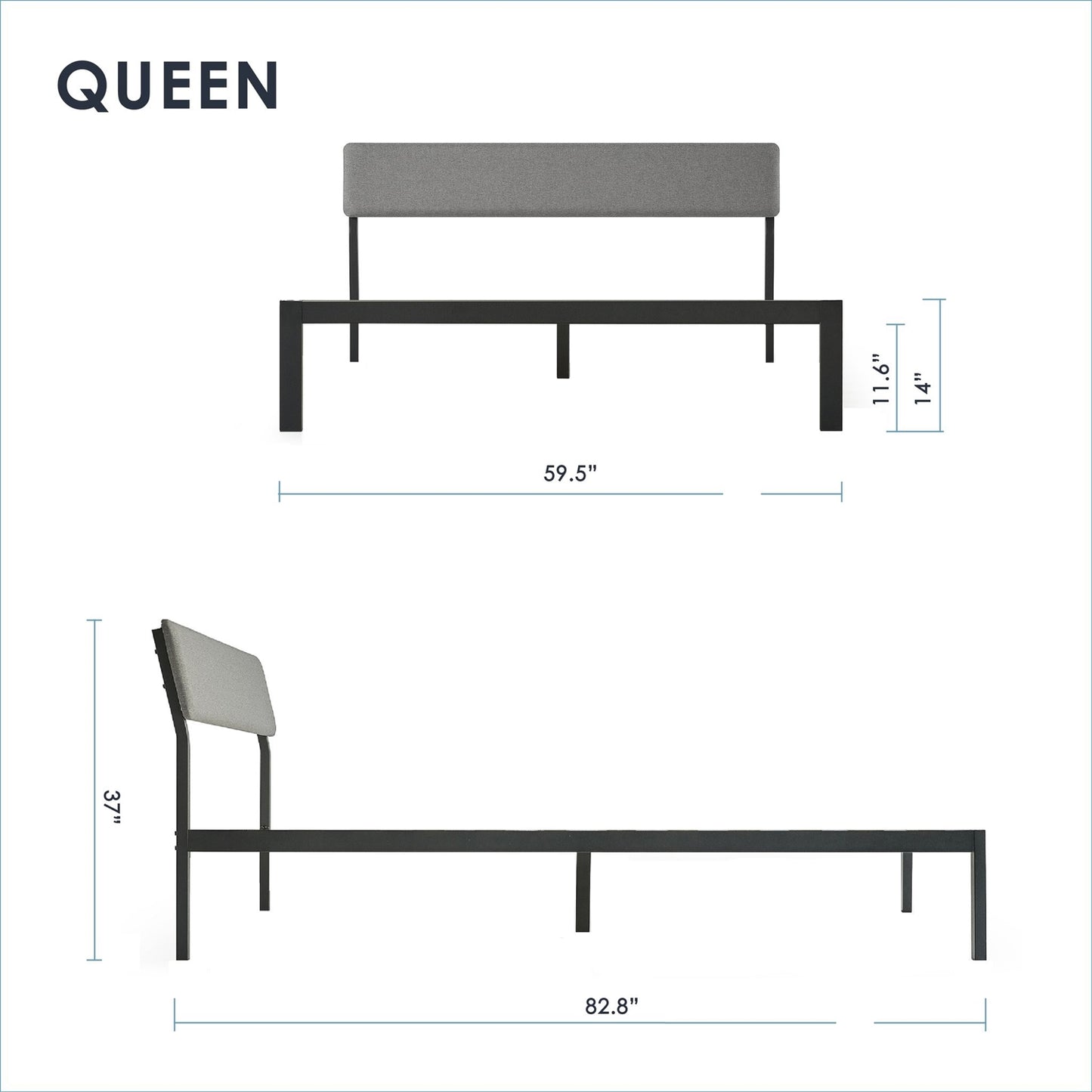 Queen Size Grey Soft Fabric Metal Headboard Modern Platform Bed Wooden Slats