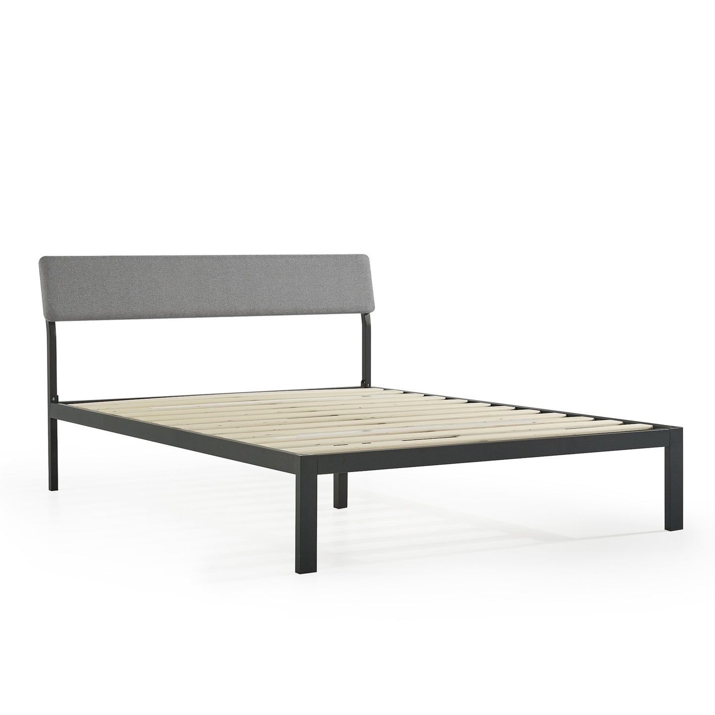 Queen Size Grey Soft Fabric Metal Headboard Modern Platform Bed Wooden Slats