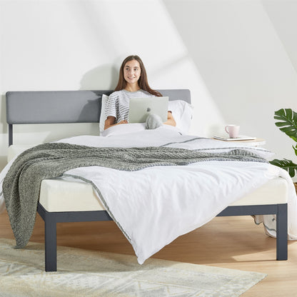 Queen Size Grey Soft Fabric Metal Headboard Modern Platform Bed Wooden Slats