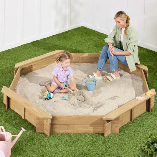 Natural Wooden Kid's Octagonal Sandbox w/ Sand Cover 4 Reinforced Benches, 8 Seats