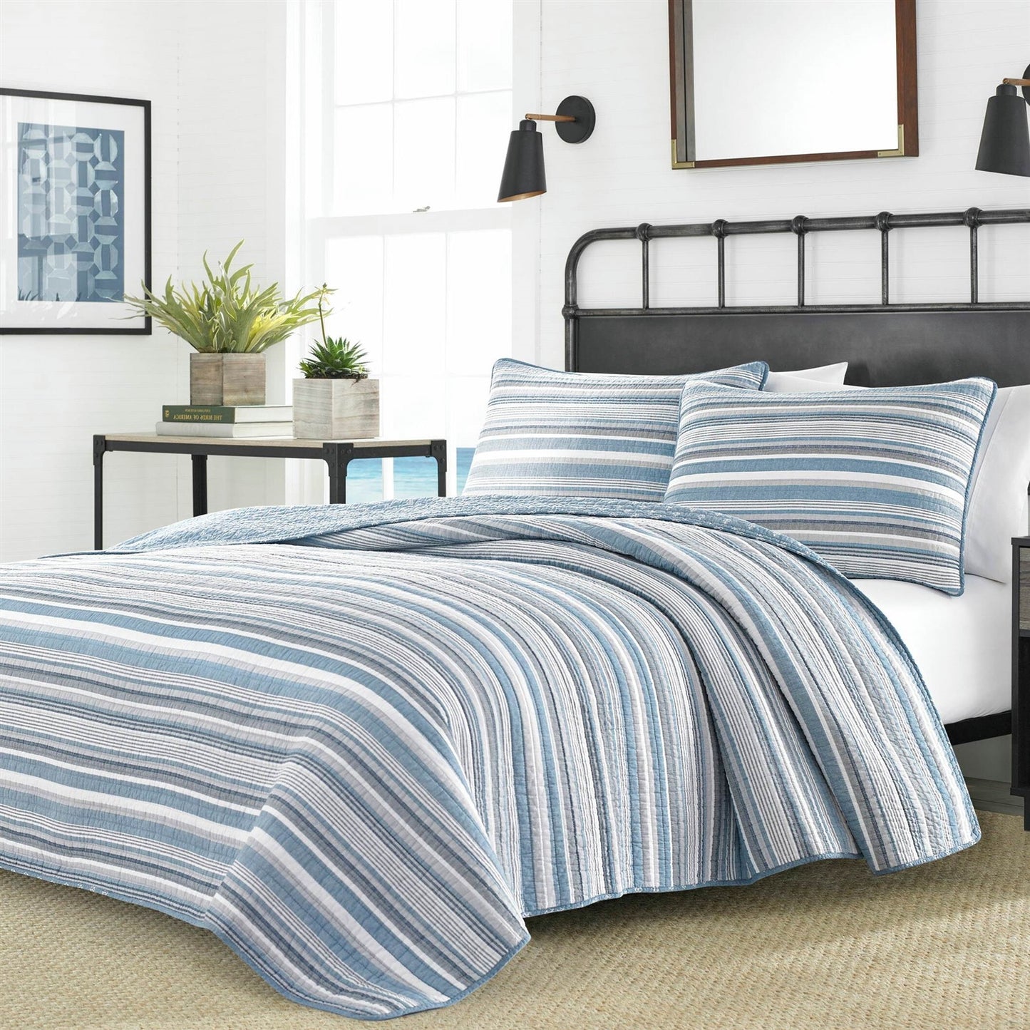 2 Piece Nautical Anchor Blues 100% Cotton Reversible Quilt Set, Twin