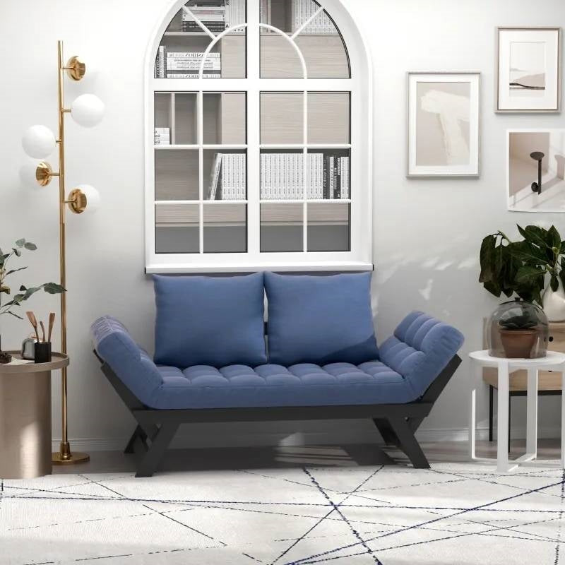 Navy/Black 3 In 1 Convertible Sofa Chaise Lounger Bed w/ 2 Large Pillows