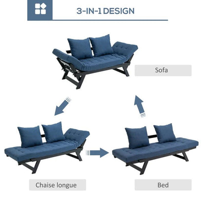 Navy/Black 3 In 1 Convertible Sofa Chaise Lounger Bed w/ 2 Large Pillows