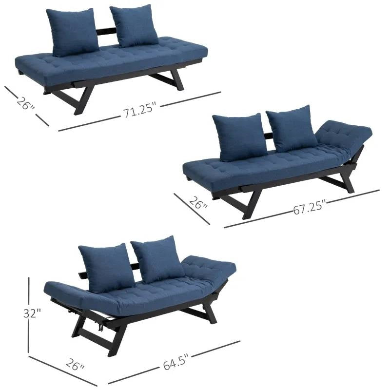 Navy/Black 3 In 1 Convertible Sofa Chaise Lounger Bed w/ 2 Large Pillows