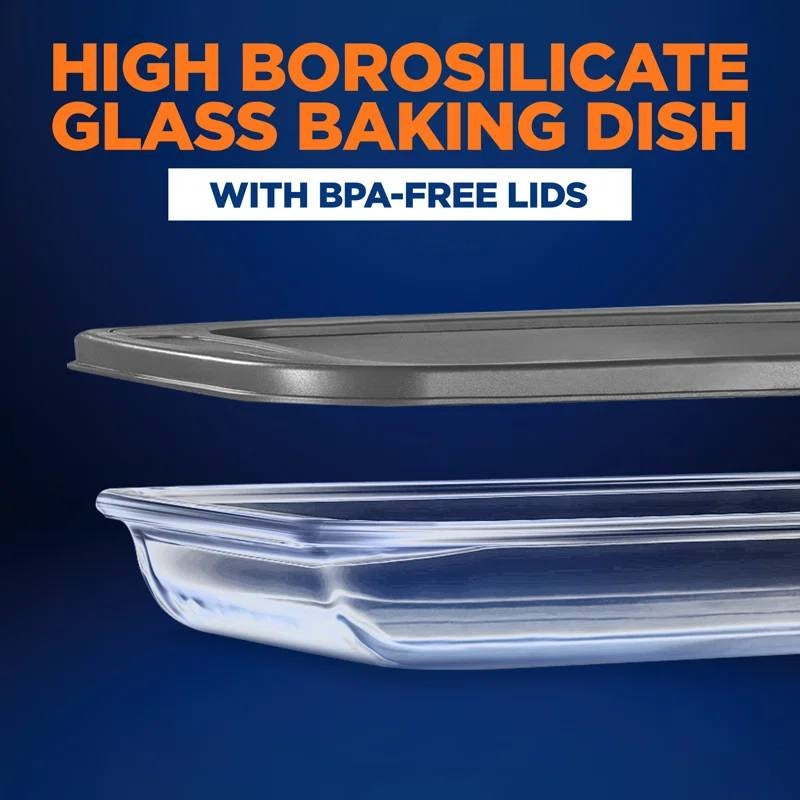 Set of 4 - Rectangular Oven Safe Glass Bakeware Set with Grey Plastic Lids
