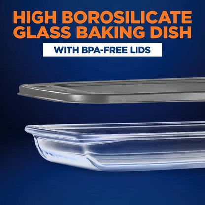 Set of 4 - Rectangular Oven Safe Glass Bakeware Set with Grey Plastic Lids