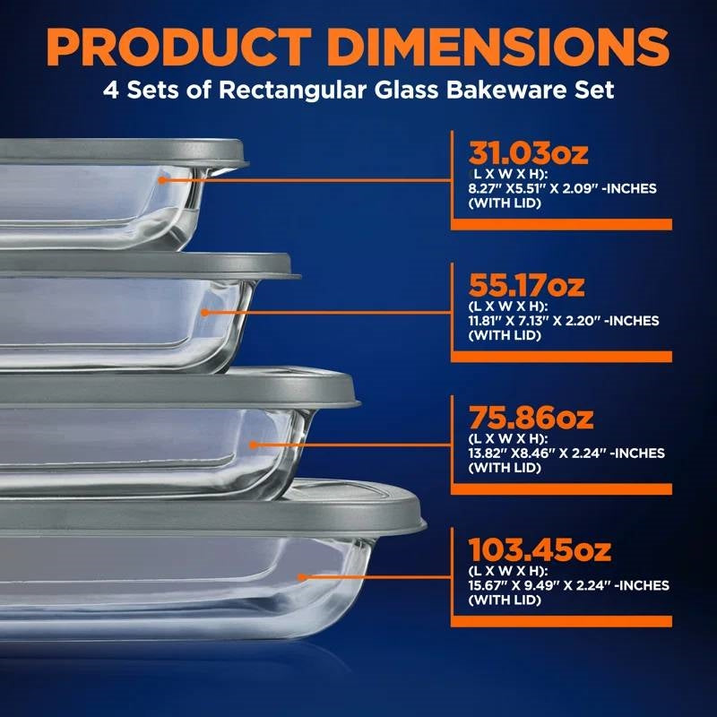 Set of 4 - Rectangular Oven Safe Glass Bakeware Set with Grey Plastic Lids