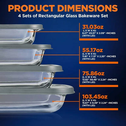 Set of 4 - Rectangular Oven Safe Glass Bakeware Set with Grey Plastic Lids
