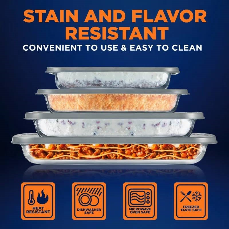 Set of 4 - Rectangular Oven Safe Glass Bakeware Set with Grey Plastic Lids