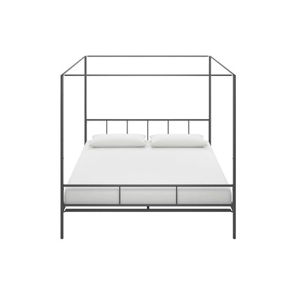 King size Dark Grey Metal Canopy Bed Frame with Headboard and Footboard