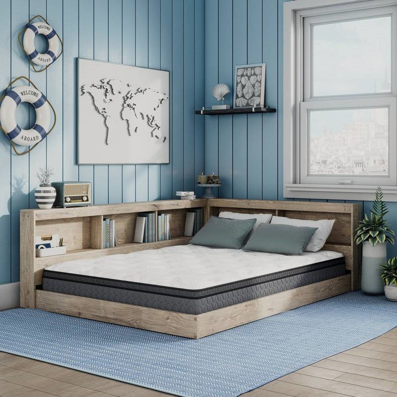 Twin Size Natural Corner Bookcase Headboard Storage Platform Floor Bed USB Ports