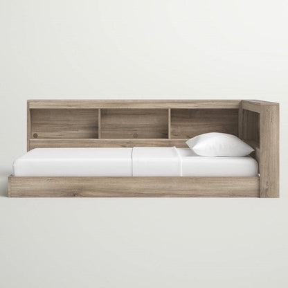Twin Size Natural Corner Bookcase Headboard Storage Platform Floor Bed USB Ports