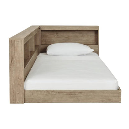 Twin Size Natural Corner Bookcase Headboard Storage Platform Floor Bed USB Ports