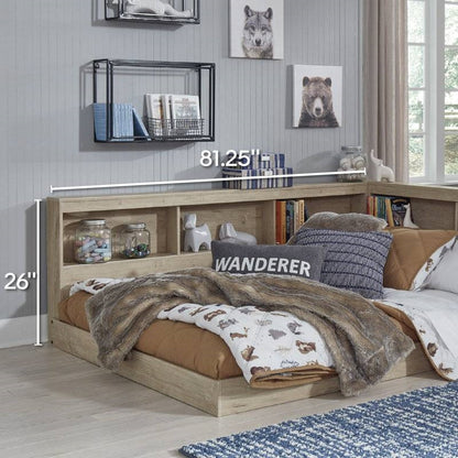 Twin Size Natural Corner Bookcase Headboard Storage Platform Floor Bed USB Ports