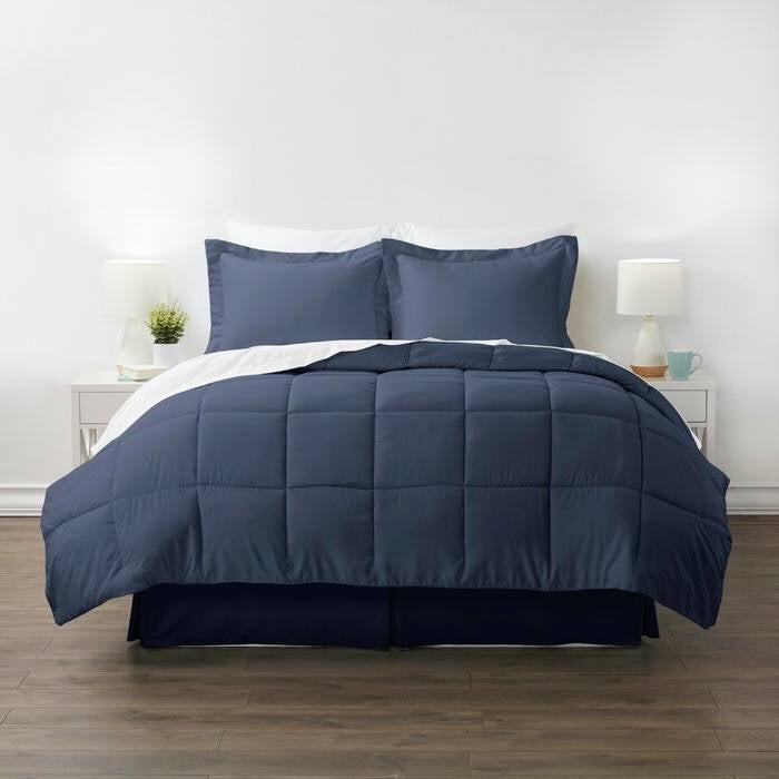 California King Microfiber Baffle-Box 8-Piece Reversible Bed In A Bag in Navy