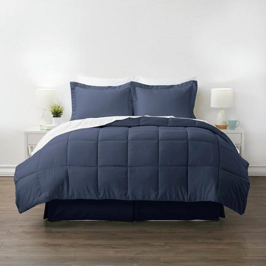 Queen Size Microfiber Baffle-Box 8-Piece Reversible Bed In A Bag in Navy
