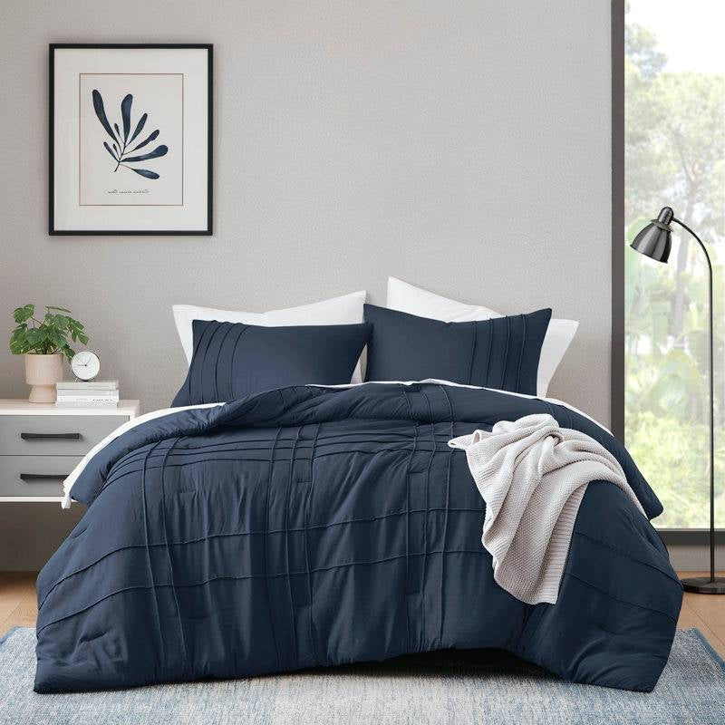 Full/Queen Microfiber Pleated Soft Washed Comforter Set Navy