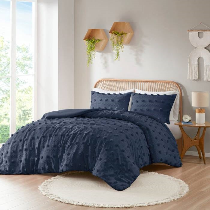 Full/Queen 3 Piece Jacquard Pompom Microfiber Hypoallergenic Comforter Set, Navy