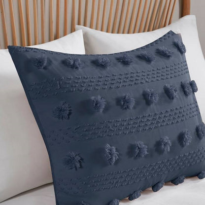 King/Cal King 3 Piece Jacquard Pompom Microfiber Hypoallergenic Comforter Set, Navy