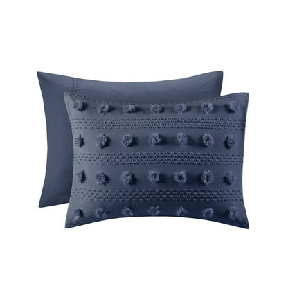 King/Cal King 3 Piece Jacquard Pompom Microfiber Hypoallergenic Comforter Set, Navy