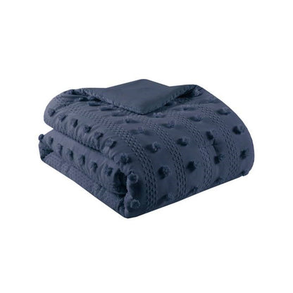 King/Cal King 3 Piece Jacquard Pompom Microfiber Hypoallergenic Comforter Set, Navy