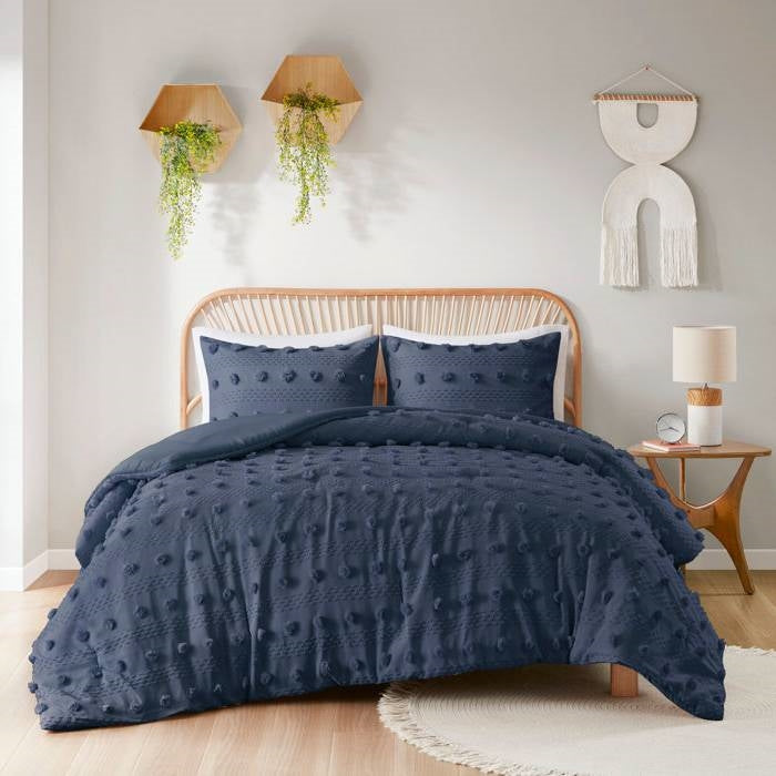 Twin/Twin XL 2 Piece Jacquard Pompom Microfiber Hypoallergenic Comforter Set, Navy