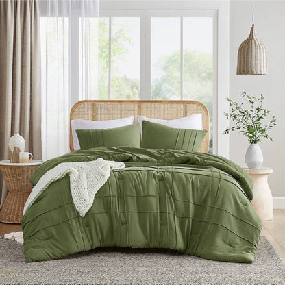 Queen Microfiber Pleated Soft Washed Comforter Set Olive