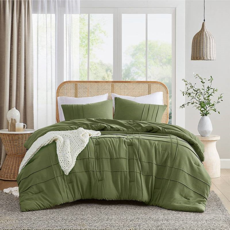 Twin/Twin XL Microfiber Pleated Soft Washed Comforter Set Olive