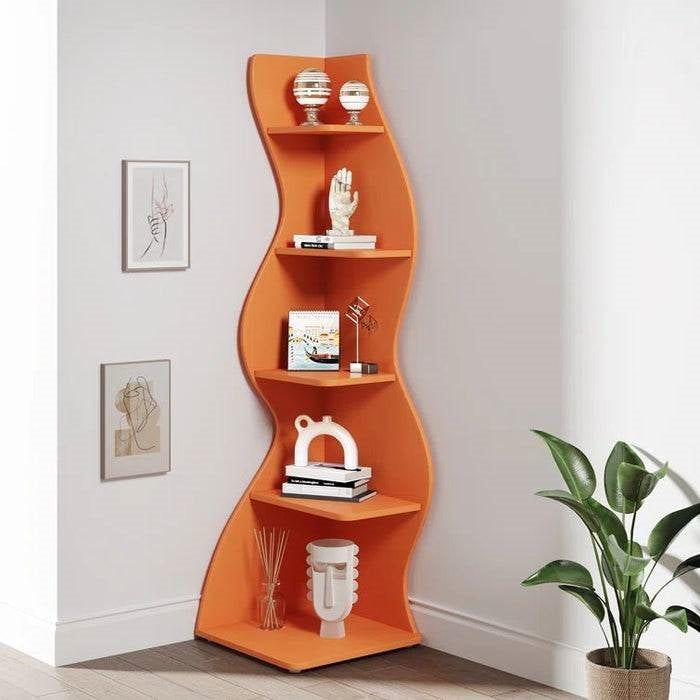 Modern Whimsical 5 Shelf Corner Bookcase Stand Orange Wood Finish