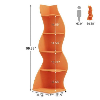 Modern Whimsical 5 Shelf Corner Bookcase Stand Orange Wood Finish
