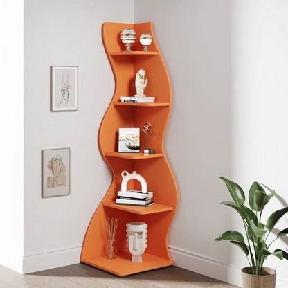 Modern Whimsical 5 Shelf Corner Bookcase Stand Orange Wood Finish